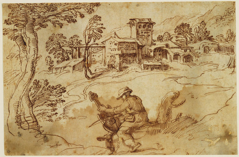 A landscape with a man playing a viol-da-gamba