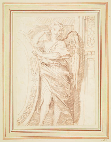 An angel supporting an oval frame to left