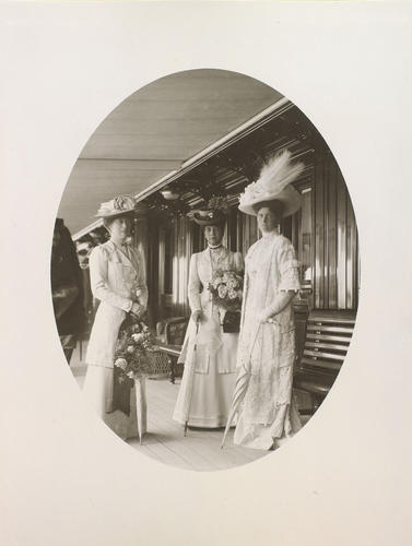 Queen Alexandra, Princess Victoria and Alexandra Feodorovna, Empress of Russia on the deck of the Russian Imperial Yacht Standart during the Cowes Regatta, 1909