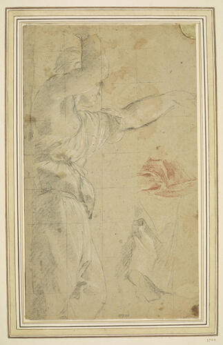 Recto: A study of a woman standing with an arm outstretched. Verso: A drapery study Recto: A study of a woman standing with an arm outstretched. Verso: A drapery study
