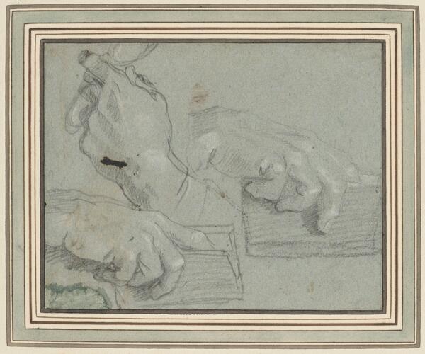 Two studies of a right hand holding a book; a left hand holding a pair of spectacles