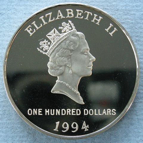Bermuda. Proof 100 Dollars, commemorating the Royal Visit in March 1994