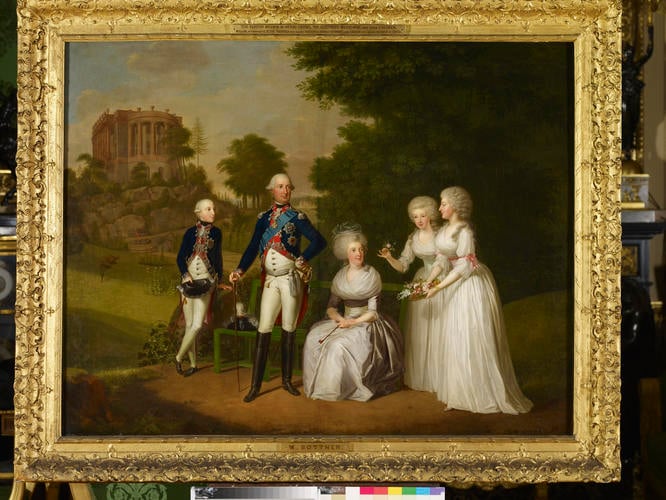 Wilhelm IX, Landgrave of Hesse-Cassel (1743-1821), later Elector Wilhelm I, his wife, Wilhelmine Caroline (1747-1820) and their children, Wilhelm (1777-1847, later Elector Wilhelm II, Friederika (1768-1839), and Caroline (1771-1848) Wilhelm IX, Landgrave of Hesse-Cassel (1743-1821), later Elector Wilhelm I, his wife, Wilhelmine Caroline (1747-1820) and their children, Wilhelm (1777-1847, later Elector Wilhelm II, Friederika (1768-1839), and Caroline (1771-1848)