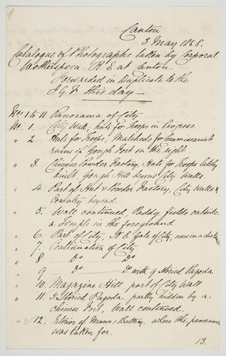 List written by G J Mann detailing a series of photographs taken in Canton by Corporal Wotherspoon List written by G J Mann detailing a series of photographs taken in Canton by Corporal Wotherspoon
