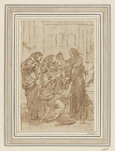 A group of figures around an oil-lamp