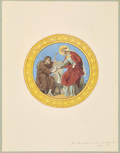 Female saint giving water to a pilgrim