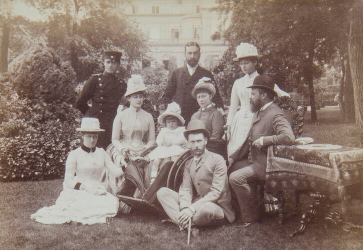 Group photograph showing Hereditary Grand Duke of Hesse; Prince Louis of Battenburg; Grand Duchess Elizabeth of Russia; Princess Louis of Battenburg et al, Dormstadt[?] 1887. [Album: Photographic Portraits vol. 5/63 1875-1889]