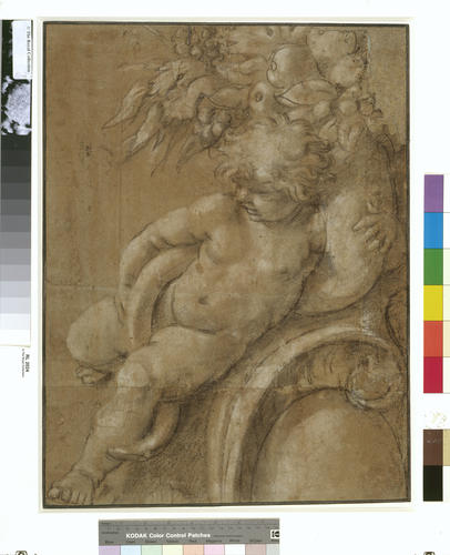 A cartoon of a putto with a cornucopia A cartoon of a putto with a cornucopia