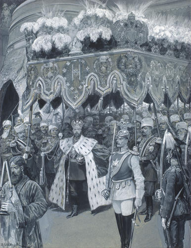The Coronation of the Emperor Nicholas II: the newly-crowned Emperor passing the Great Bell in Moscow, 26 May 1896 The Coronation of the Emperor Nicholas II: the newly-crowned Emperor passing the Great Bell in Moscow, 26 May 1896