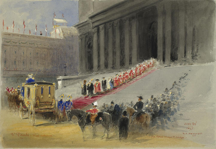 The Diamond Jubilee, June-July 1897: the Mayor, Sheriffs and judges descending the steps of St Paul's Cathedral, 20 June The Diamond Jubilee, June-July 1897: the Mayor, Sheriffs and judges descending the steps of St Paul's Cathedral, 20 June