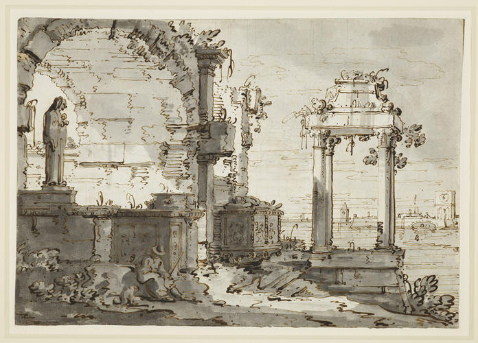 Recto: A capriccio of church ruins on the shores of the lagoon. Verso: Architectural sketches