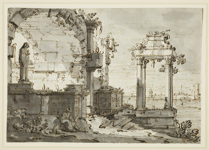Recto: A capriccio of church ruins on the shores of the lagoon. Verso: Architectural sketches Recto: A capriccio of church ruins on the shores of the lagoon. Verso: Architectural sketches