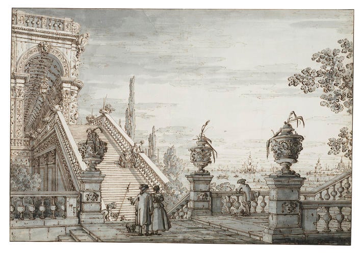 A capriccio with a monumental staircase