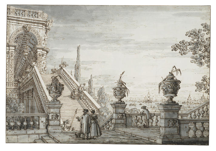 A capriccio with a monumental staircase