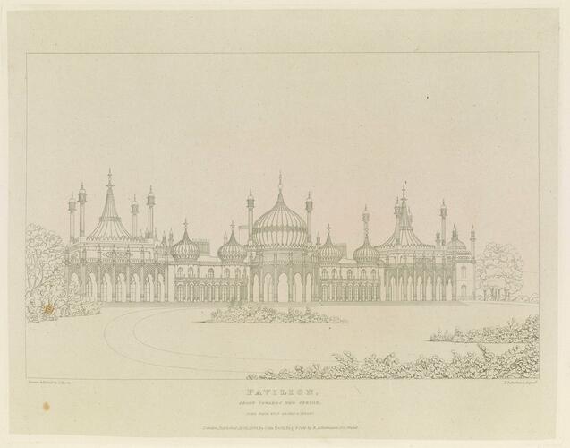 Master: Illustrations of Her Majesty's Palace at Brighton; formerly the Pavilion: executed by the Command of King George the Fourth, under the Superintendence of John Nash, Esq. , architect : to which is prefixed, A History of the Palace, by Edward Wedlake Brayley, Esq. , F. S. A.
Item: Pavilion, Front Towards the Steyne