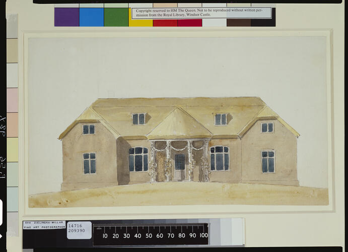 An elevation of a thatched cottage