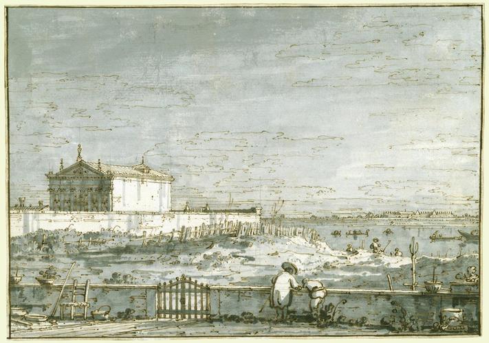 A capriccio with a pavilion in a walled garden, the lagoon beyond