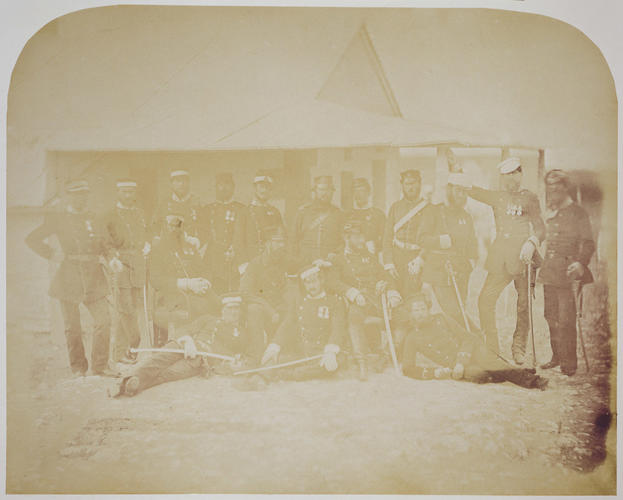 Group under verandah of hut. [taken from contents list]. [Crimean War photographs by Robertson]