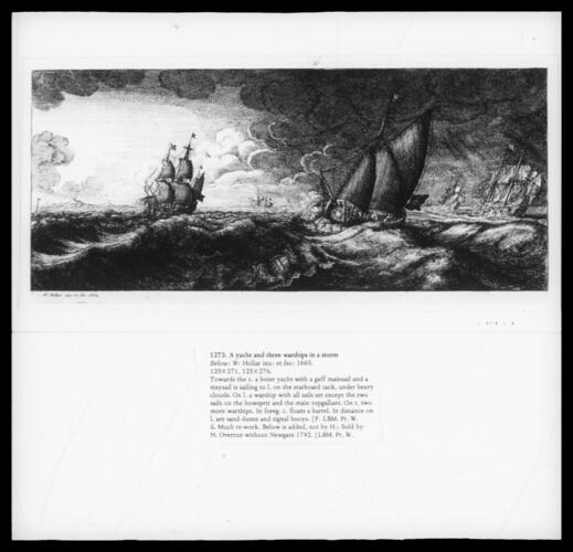 A yacht and three warships in a storm