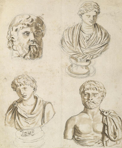 Two antique male busts, one female bust and one antique male head
