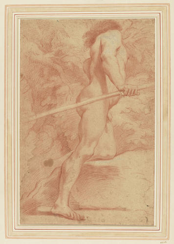 A standing male figure, supported on left leg, holding a staff A standing male figure, supported on left leg, holding a staff