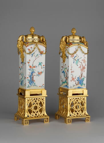 Pair of square jars and covers on stands