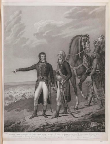 BONAPARTE, accompanied by GENERAL BERTHIER at the BATTLE of MARENGO, the moment of Victory