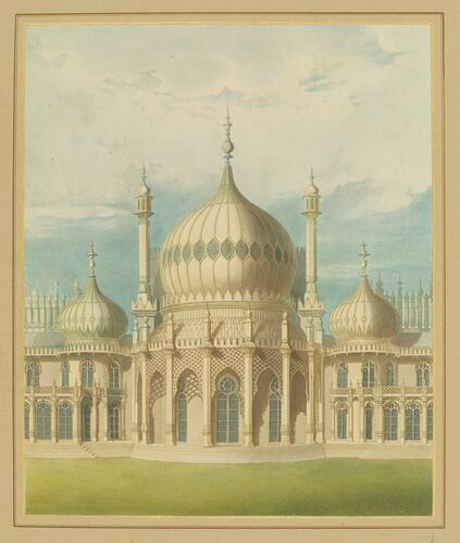 Master: Illustrations of Her Majesty's Palace at Brighton; formerly the Pavilion: executed by the Command of King George the Fourth, under the Superintendence of John Nash, Esq. , architect : to which is prefixed, A History of the Palace, by Edward Wedlake Brayley, Esq. , F. S. A.
Item: Pavilion, centre part of the front towards the Stein