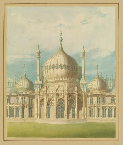 Master: Illustrations of Her Majesty's Palace at Brighton; formerly the Pavilion: executed by the Command of King George the Fourth, under the Superintendence of John Nash, Esq. , architect : to which is prefixed, A History of the Palace, by Edward Wedlake Brayley, Esq. , F. S. A.
Item: Pavilion, centre part of the front towards the Stein Master: Illustrations of Her Majesty's Palace at Brighton; formerly the Pavilion: executed by the Command of King George the Fourth, under the Superintendence of John Nash, Esq. , architect : to which is prefixed, A History of the Palace, by Edward Wedlake Brayley, Esq. , F. S. A.
Item: Pavilion, centre part of the front towards the Stein