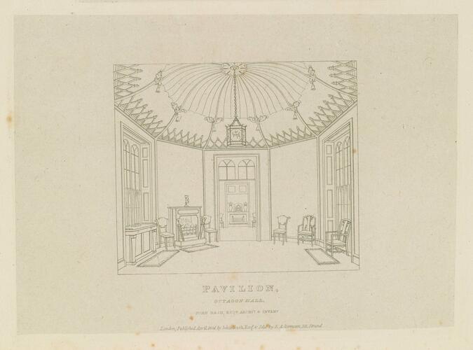 Master: Illustrations of Her Majesty's Palace at Brighton; formerly the Pavilion: executed by the Command of King George the Fourth, under the Superintendence of John Nash, Esq. , architect : to which is prefixed, A History of the Palace, by Edward Wedlake Brayley, Esq. , F. S. A.
Item: Pavilion, Octagon Hall Master: Illustrations of Her Majesty's Palace at Brighton; formerly the Pavilion: executed by the Command of King George the Fourth, under the Superintendence of John Nash, Esq. , architect : to which is prefixed, A History of the Palace, by Edward Wedlake Brayley, Esq. , F. S. A.
Item: Pavilion, Octagon Hall