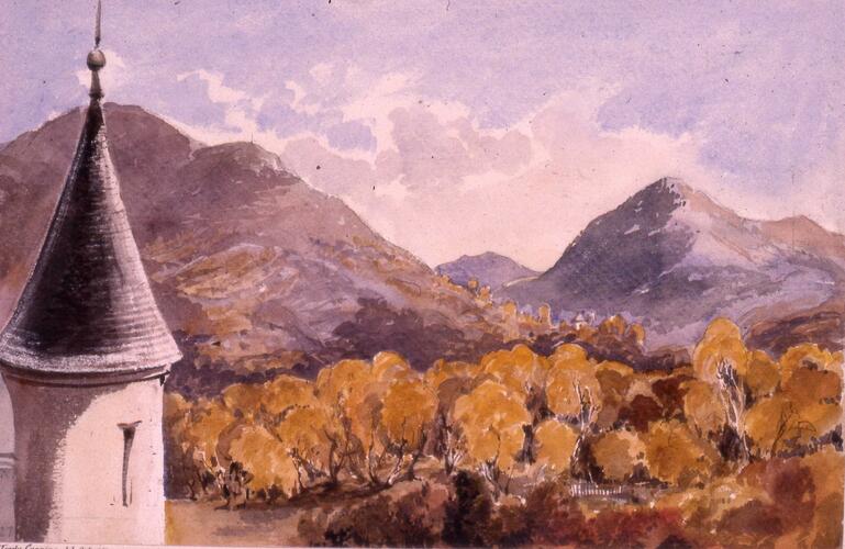 View from old Balmoral Castle looking towards Crathie Church