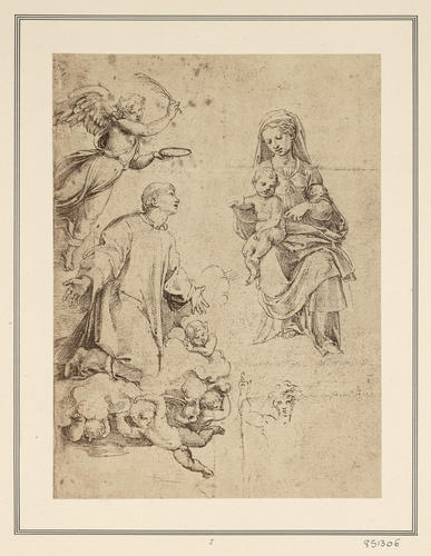 The Virgin and Child adored by a monk, with angels