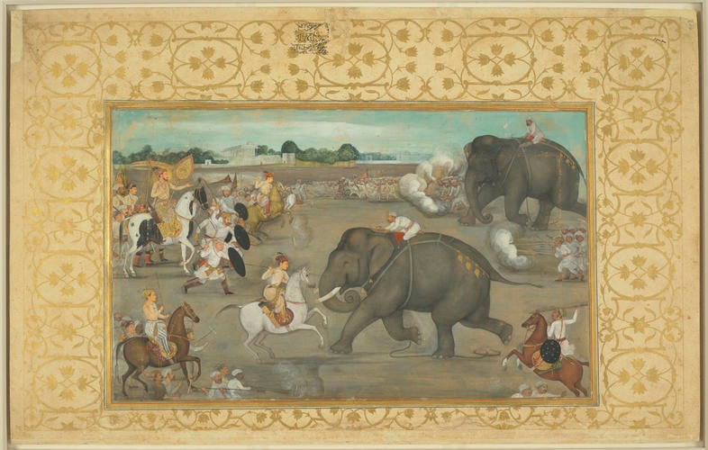 Master: Padshahnamah پادشاهنامه (The Book of Emperors)
Item: Prince Awrangzeb facing a maddened elephant named Sudhakar (7 June 1633) Master: Padshahnamah پادشاهنامه (The Book of Emperors)
Item: Prince Awrangzeb facing a maddened elephant named Sudhakar (7 June 1633)