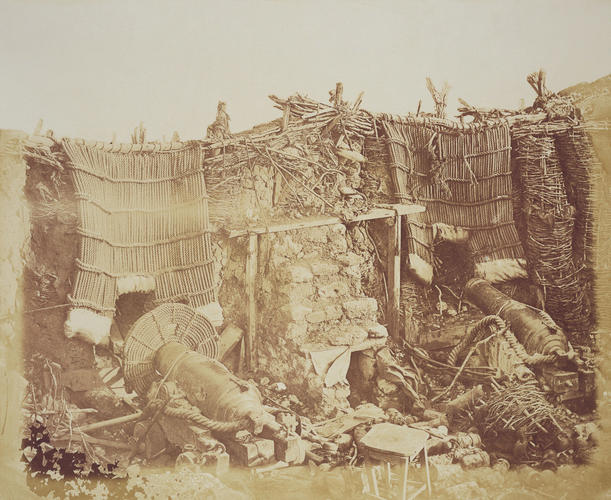 Mantlets in Barracks Battery. [Crimean War photographs by Robertson]