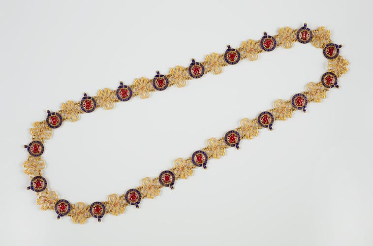 Master: Emperor Alexander II of Russia's collar and badge (Great George) of the Order of the Garter
Item: Order of the Garter (England). Alexander II of Russia's collar and badge Master: Emperor Alexander II of Russia's collar and badge (Great George) of the Order of the Garter
Item: Order of the Garter (England). Alexander II of Russia's collar and badge