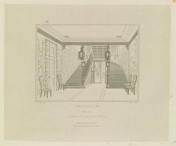 Master: Illustrations of Her Majesty's Palace at Brighton; formerly the Pavilion: executed by the Command of King George the Fourth, under the Superintendence of John Nash, Esq. , architect : to which is prefixed, A History of the Palace, by Edward Wedlake Brayley, Esq. , F. S. A.
Item: Pavilion, staircase, at each end of the Great Gallery