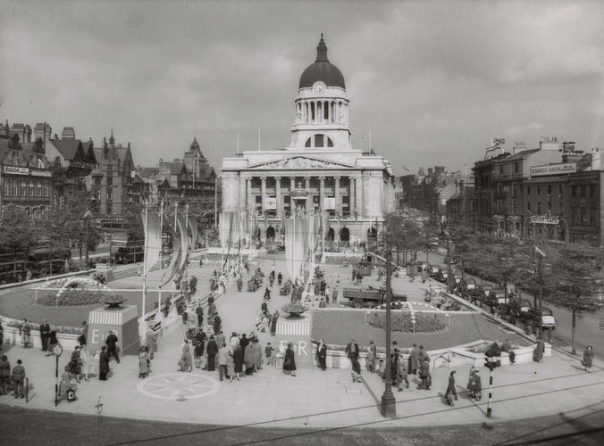 The Council House and Old Market Square, Nottingham, dressed for the Coronation, 1953