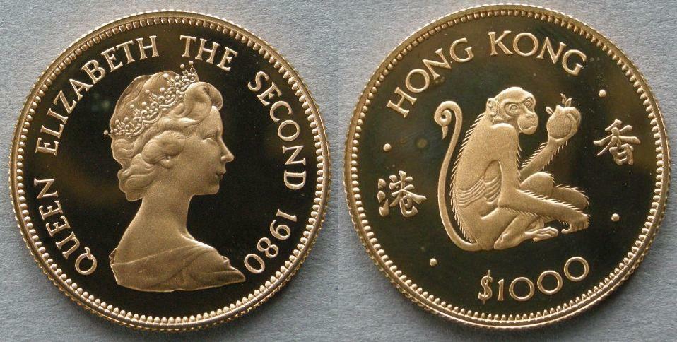 Hong Kong. Proof Gold $1, 000, 1980, commemorating the Year of the Monkey Hong Kong. Proof Gold $1, 000, 1980, commemorating the Year of the Monkey