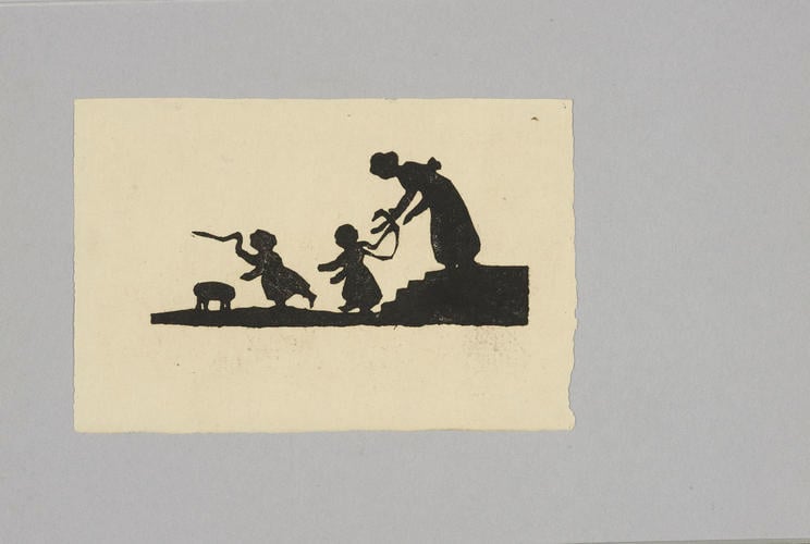 Master: A Book of cuttings made by Princess Elizabeth, daughter of George III, and by Theodore Tharp, and given by the Princess to Lady Banks
Item: A silhoutte of a woman and children
