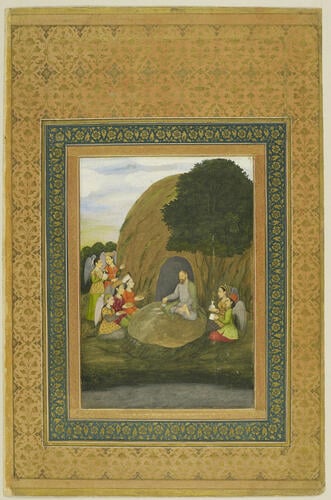 Master: A late Mughal album of calligraphy and paintings.
Item: Illuminated heading with calligraphy by Mir Imad and Mughal painting of Sultan Ibrahim bin Adham of Balkh