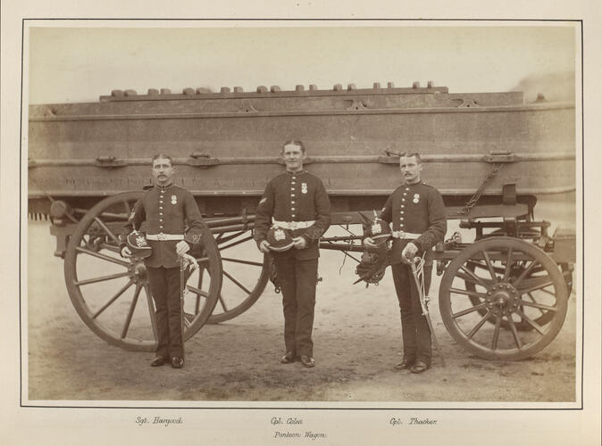 Three soldiers from the Royal Engineers beside a pontoon wagon during the Anglo-Egyptian War