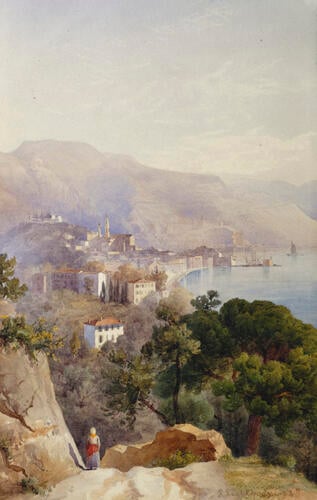 Menton: West Bay and Umbrella Pine from behind the Villa Madonna, at morning light