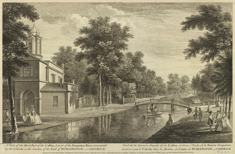 Item: A view of the back part of the Cassina & part of the Serpentine river, terminated by the cascade, in the Garden of the Earl of Burlington, at Chiswick