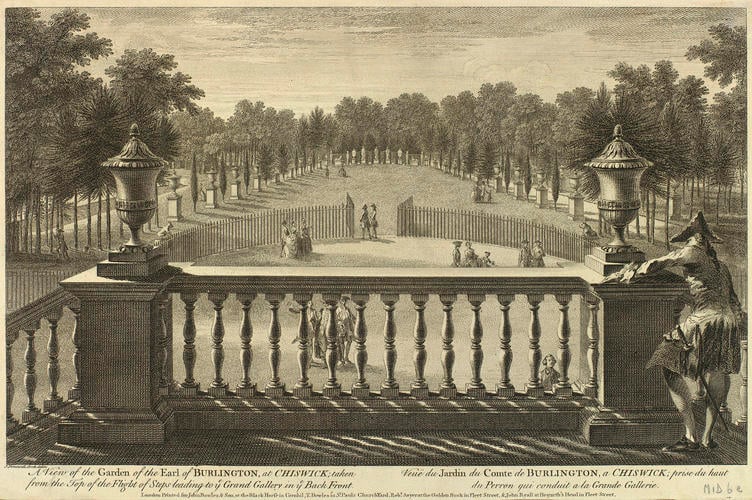 Item: A View of the Garden of the Earl of Burlington, at Chiswick; taken from the Top of the Flight of Steps leading to ye Grand Gallery in ye Back Front