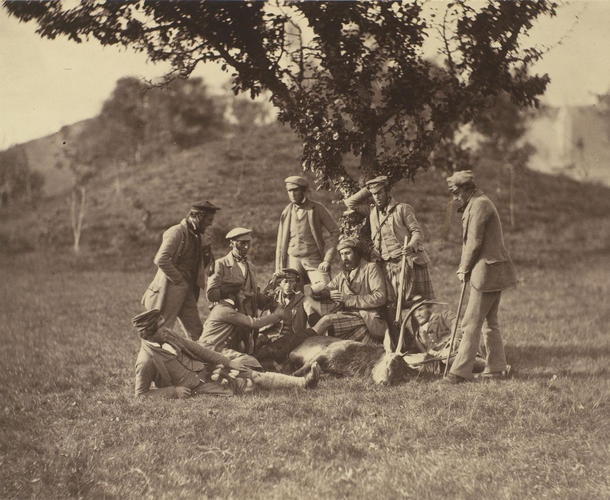 Group of Foresters and Gillies with the stag shot by the Prince