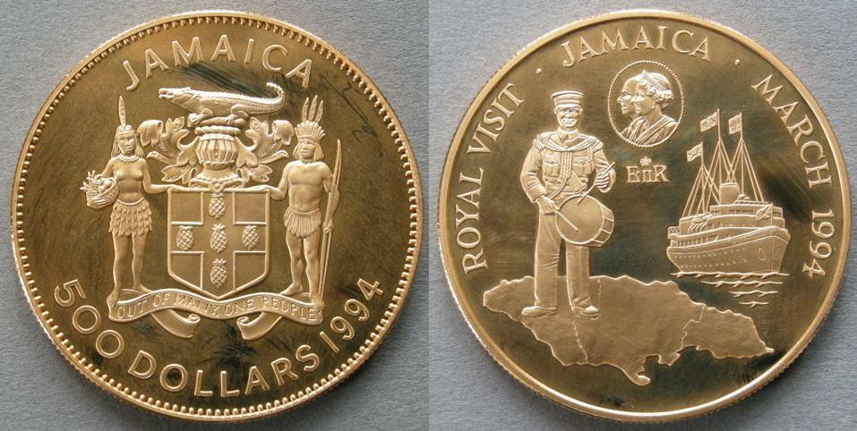 Jamaica. Proof 500 dollars commemorating the Royal Visit, March 1994