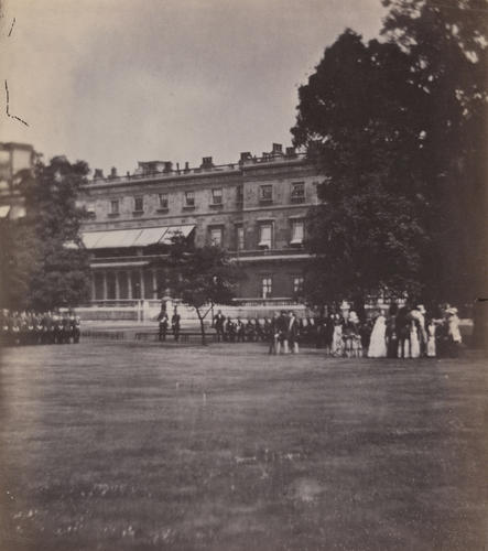 'Inspection by The Queen & Prince of the Sick and wounded men of the 3 Regiments of Guards lately returned from the Crimea, in the Gardens of Buckingham Palace'