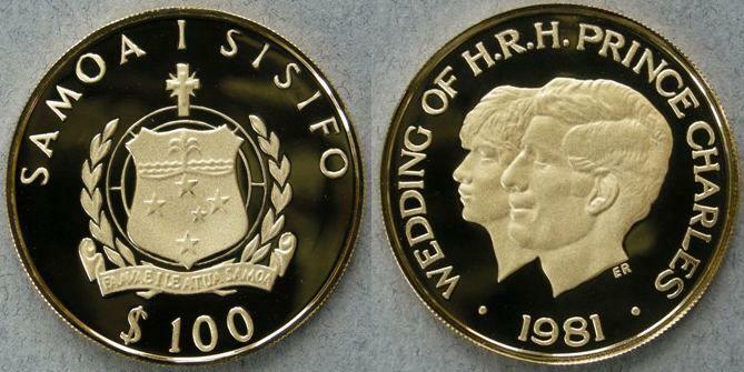 Western Samoa. Proof 100 tala, 1981, commemorating the marriage of H. R. H. The Prince of Wales and Lady Diana Spencer Western Samoa. Proof 100 tala, 1981, commemorating the marriage of H. R. H. The Prince of Wales and Lady Diana Spencer