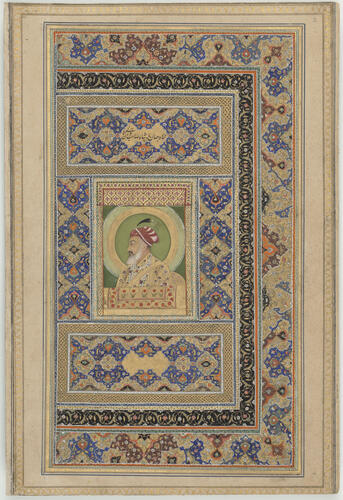 Master: Mughal album of portraits, animals and birds.
Item: Illuminated shamsah and frontispiece containing portrait of Shah Jahan Master: Mughal album of portraits, animals and birds.
Item: Illuminated shamsah and frontispiece containing portrait of Shah Jahan