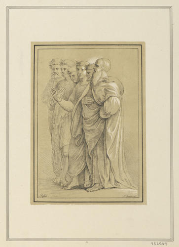 Six draped figures, standing turned to the left